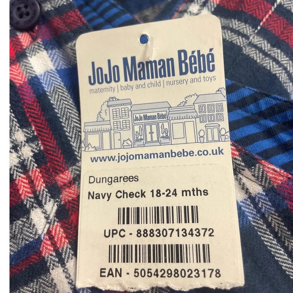 New Jojo Manam Bebe 18-24 Months 100% Cotton Blue Plaid Leg Snap Up Overalls